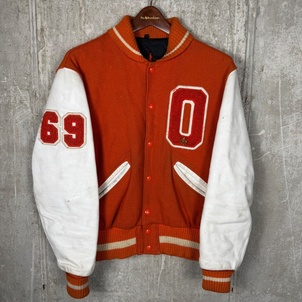 Vintage 60s Varsity Letterman Jacket Orange Wool White Leather Sleeves Mens M